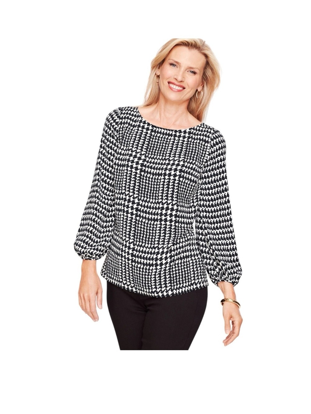 Talbots Houndstooth Blouson Sleeve Boatneck Blouse